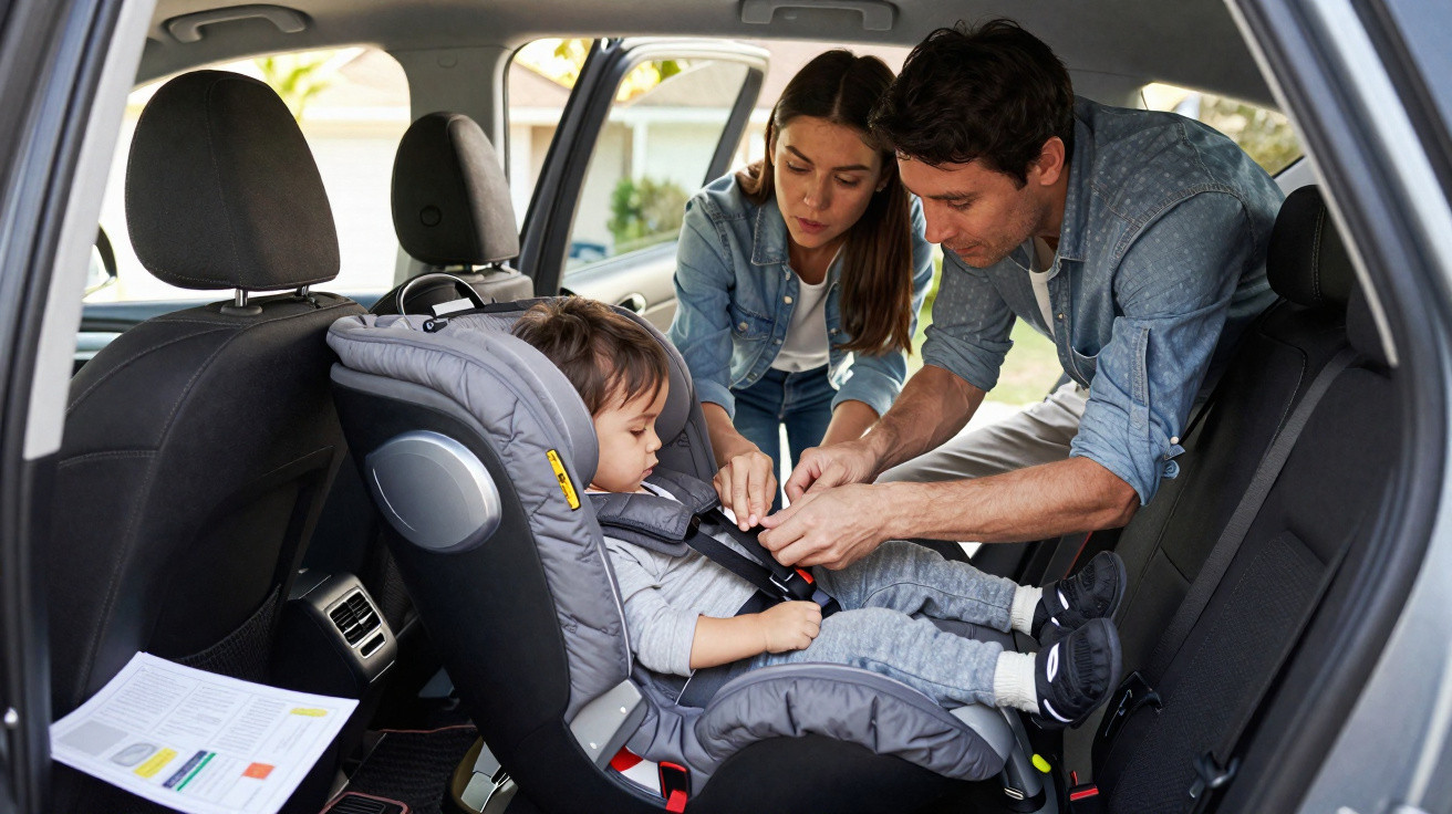 Pais colocando criança no assento de segurança dentro do carro antes de viajar.