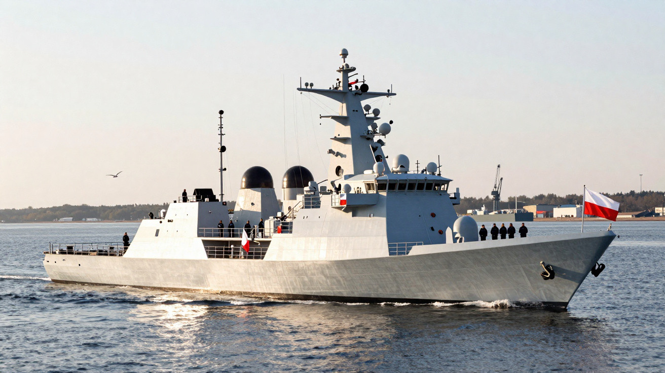 Navio de guerra cinza com tripulação no convés navegando em mar calmo com bandeira da Polônia.