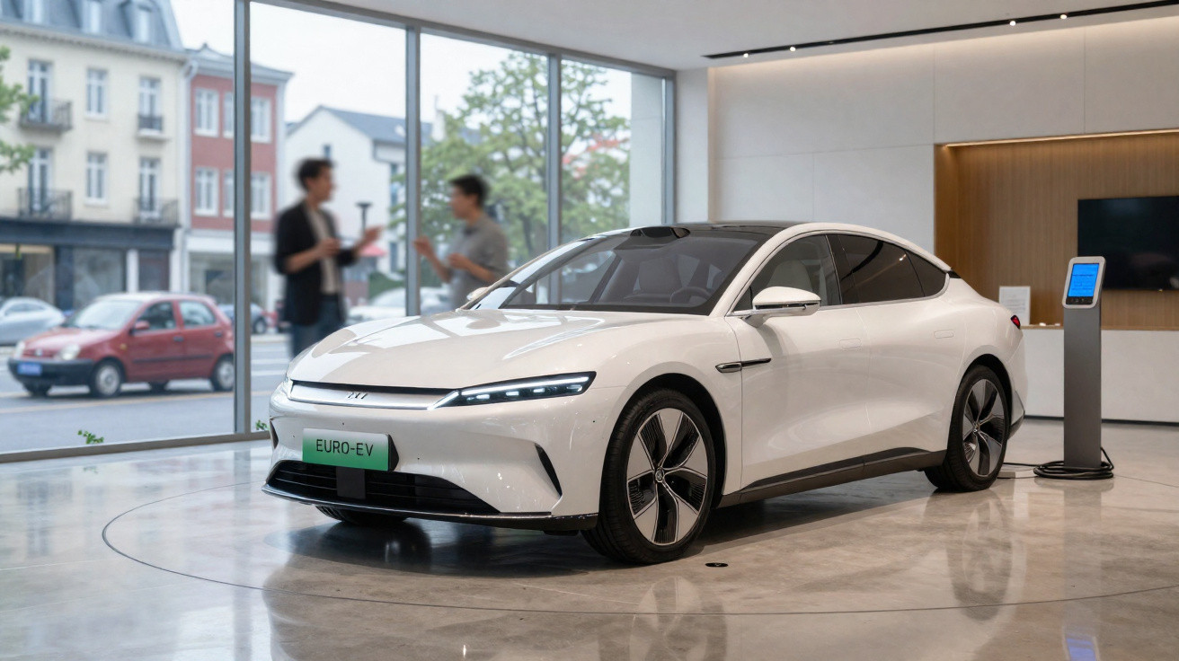 Carro elétrico branco com design moderno exposto em showroom com janelas amplas e pessoas ao fundo.