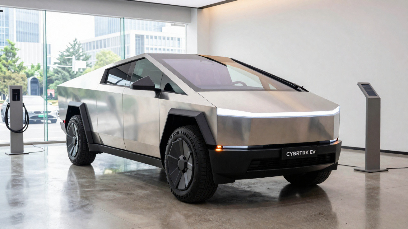 Caminhonete elétrica Tesla Cybertruck prata estacionada dentro de showroom moderno e minimalista.
