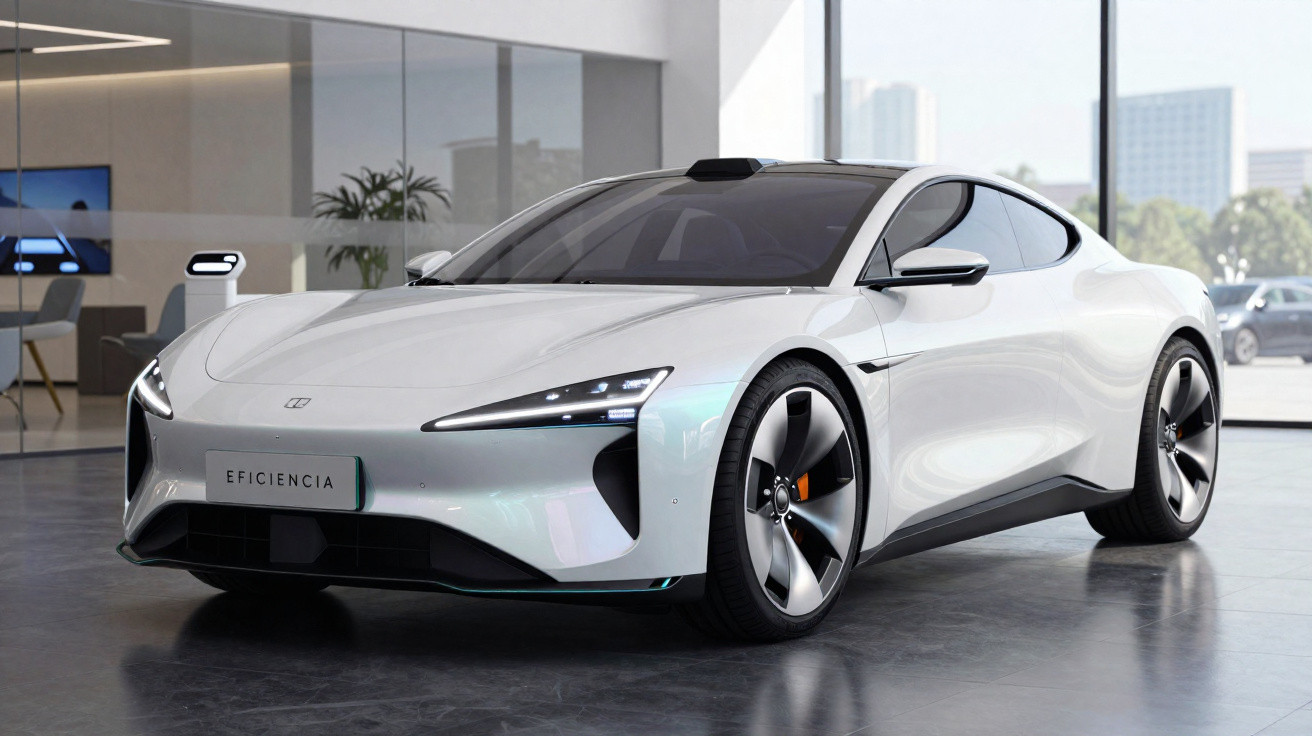 Carro esportivo elétrico branco com design aerodinâmico em showroom moderno com vidro e móveis.