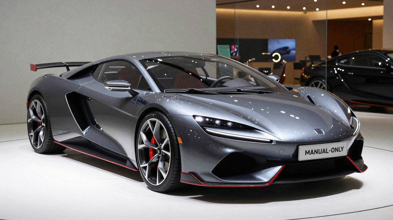 Carro esportivo cinza metálico com design aerodinâmico e aerofólio, exibido em ambiente interno iluminado.