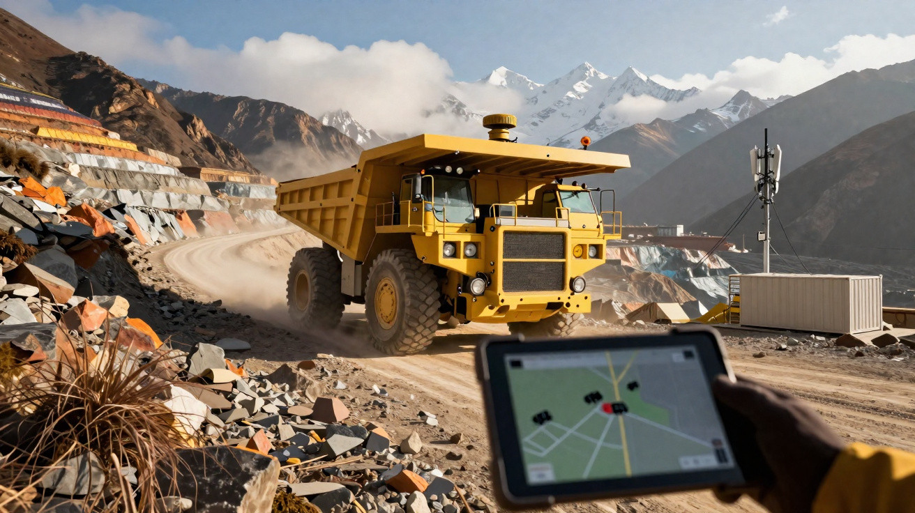 Caminhão de mineração em estrada de terra com montanhas ao fundo e tablet mostrando mapa de localização.