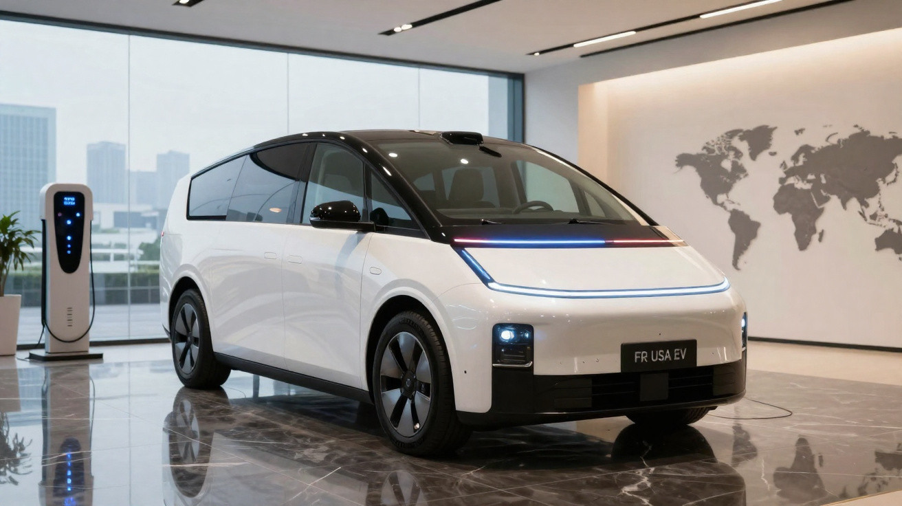Carro elétrico branco moderno em exposição, com carregador ao lado e mapa mundi na parede ao fundo.