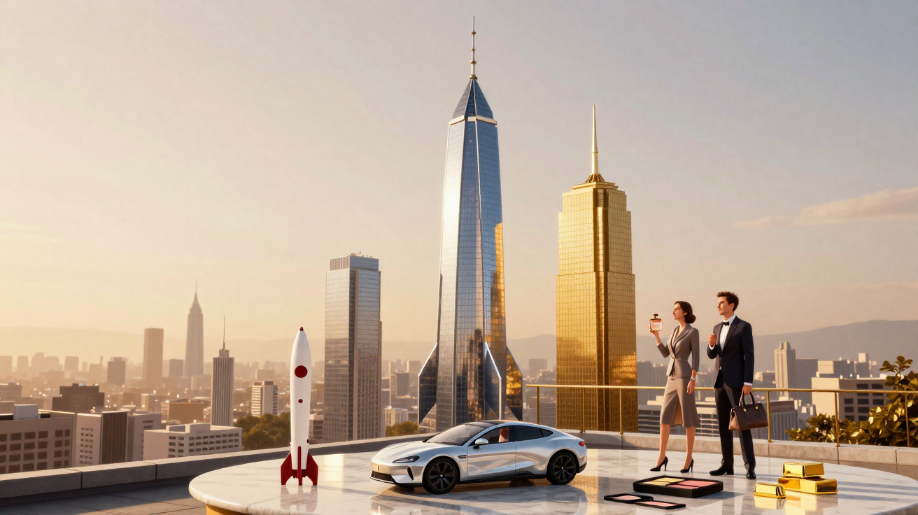 Skyline de cidade ao pôr do sol com casal elegante, carro prateado e foguete em plataforma circular.