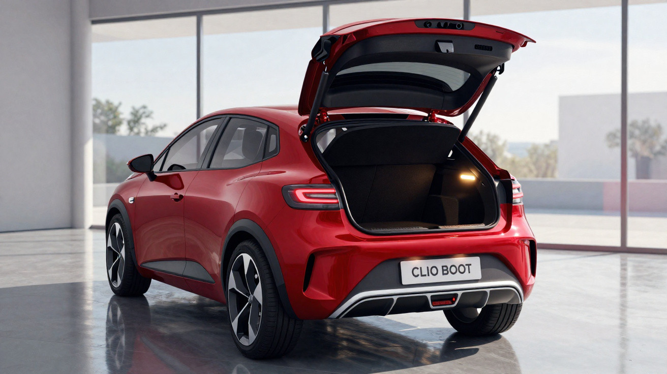 Carro hatchback vermelho com porta-malas aberto em ambiente interno e luz acesa no compartimento.
