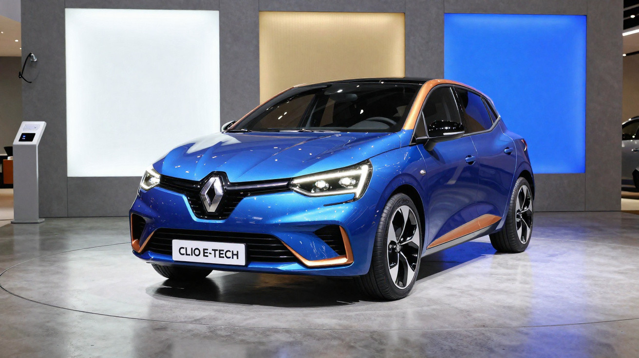 Carro Renault Clio E-Tech azul com detalhes laranja exposto em ambiente interno iluminado.