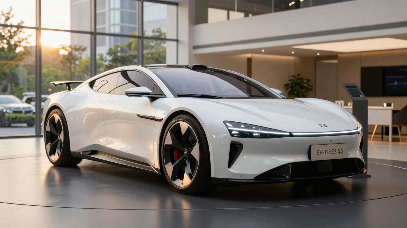 Carro esportivo elétrico branco estacionado em showroom moderno com luz natural.