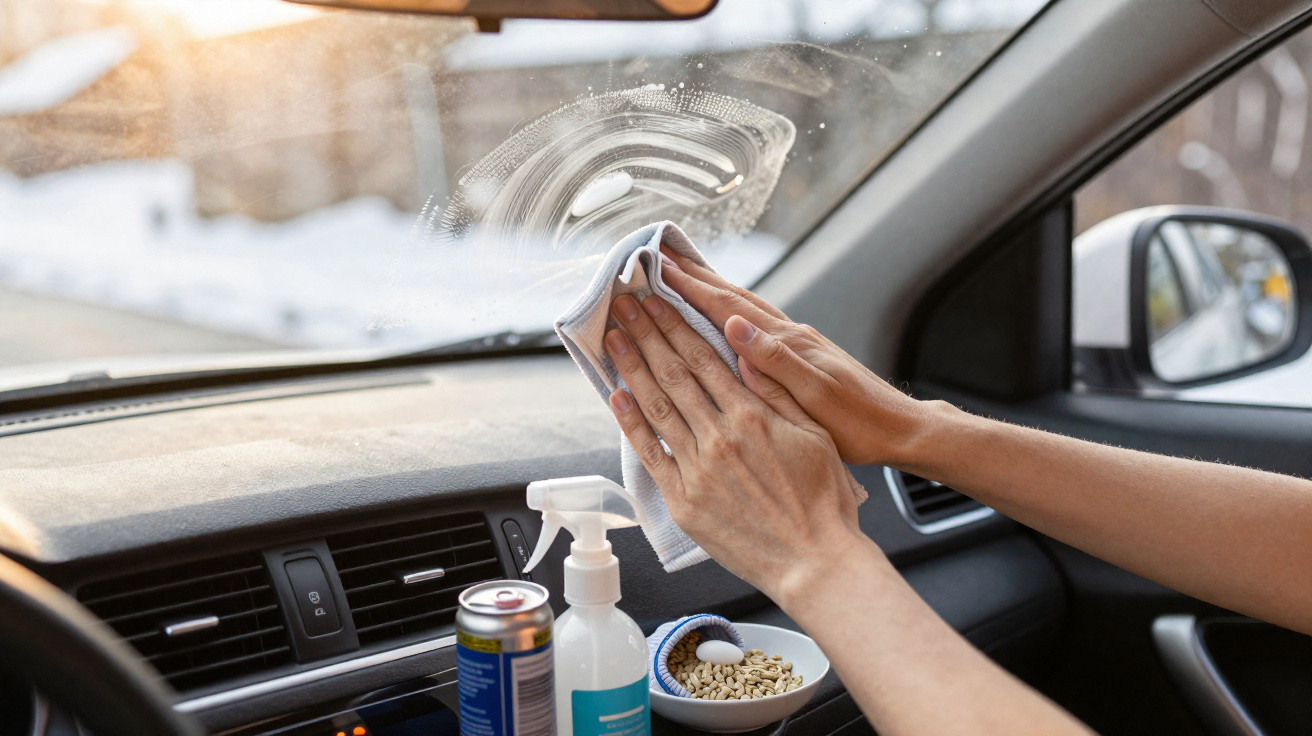 Mãos limpando o para-brisa interno de um carro com pano branco e produtos de limpeza no painel.