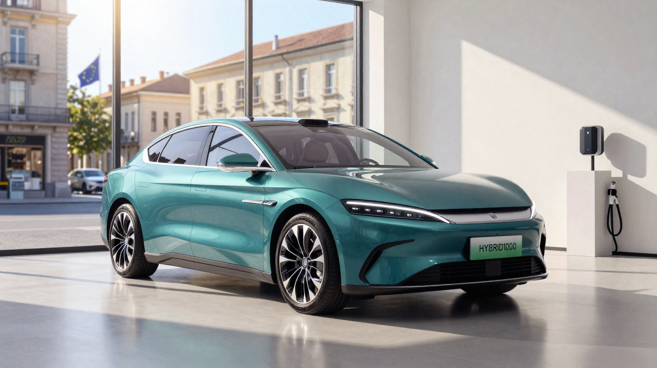 Carro elétrico verde metálico estacionado em ambiente interno com carregador ao fundo.