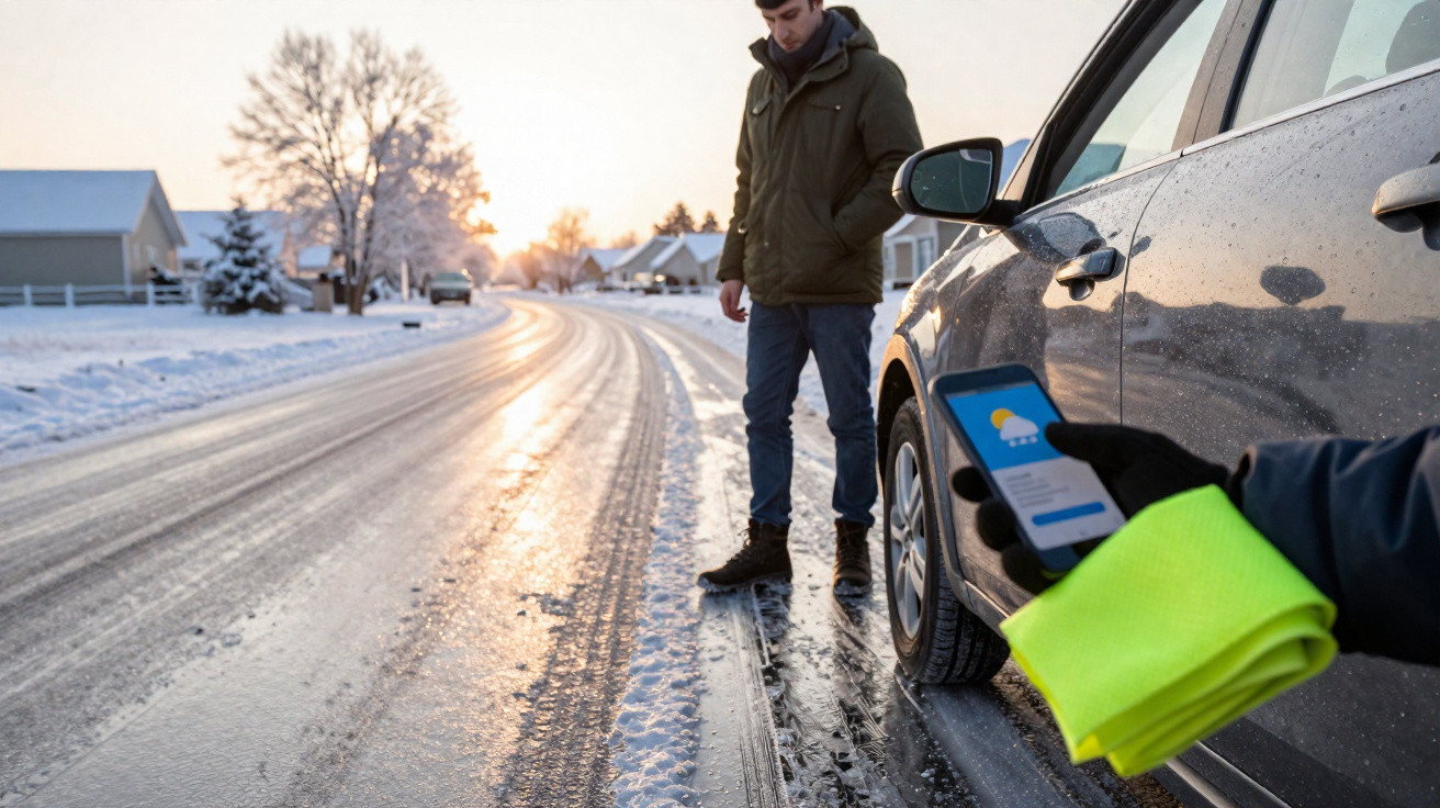 Homem encostado em carro prateado em estrada congelada durante pôr do sol, enquanto outra pessoa usa celular.