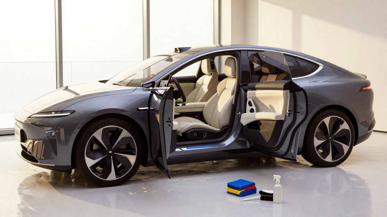 Carro elétrico cinza estacionado com portas abertas e material para limpeza no chão em ambiente interno iluminado.