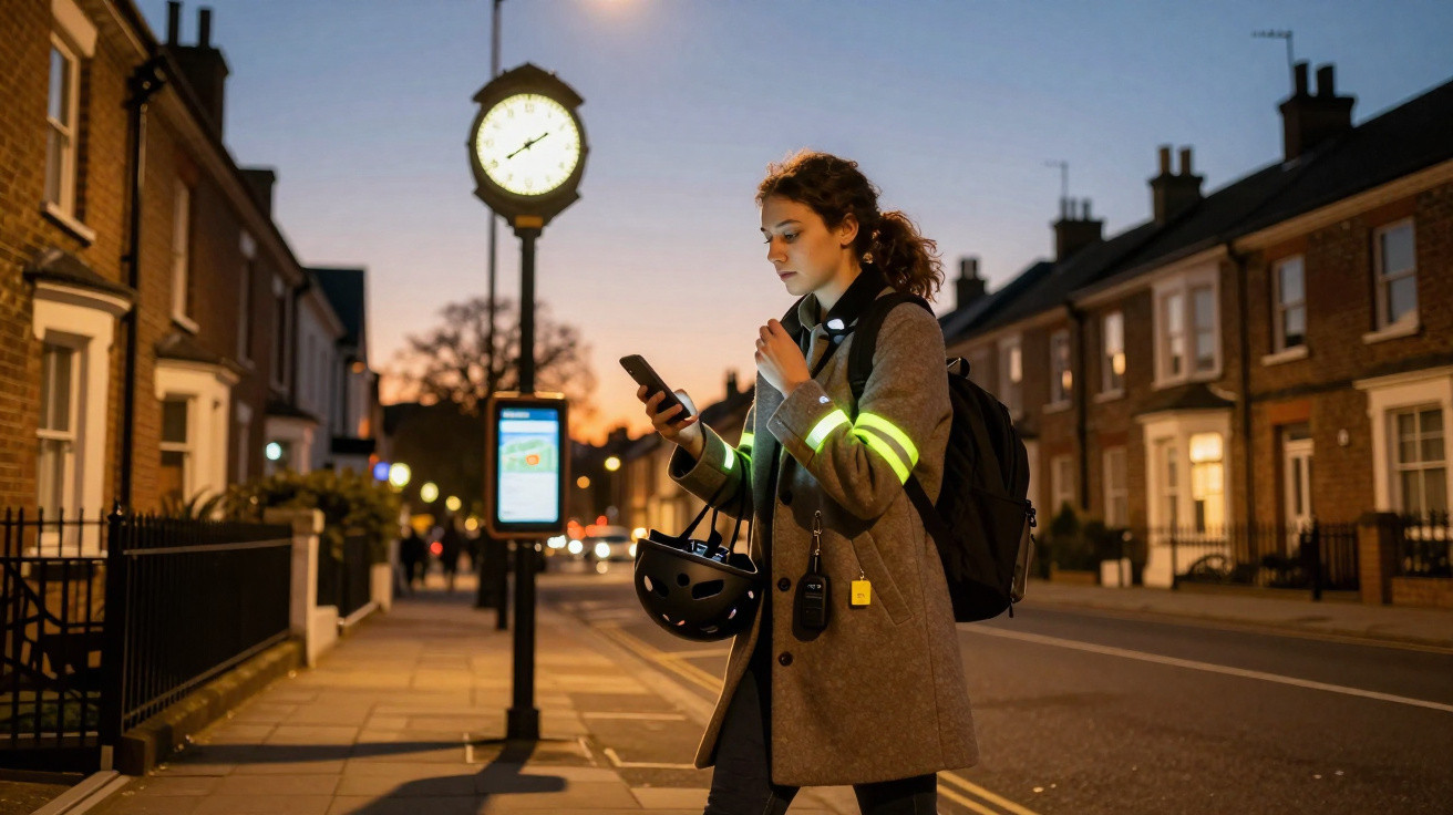 Mulher caminhando à noite na rua, olhando o celular, com relógio de rua iluminado ao fundo.