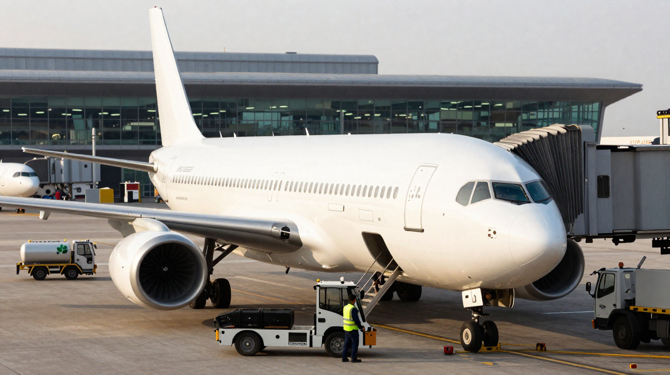 Avião branco estacionado no portão do aeroporto com funcionários em ação no terminal.