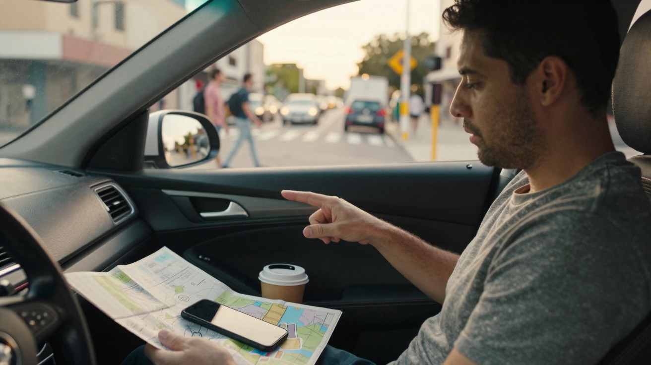Homem dentro de carro olhando mapa e apontando para fora, com celular e café no banco ao lado.
