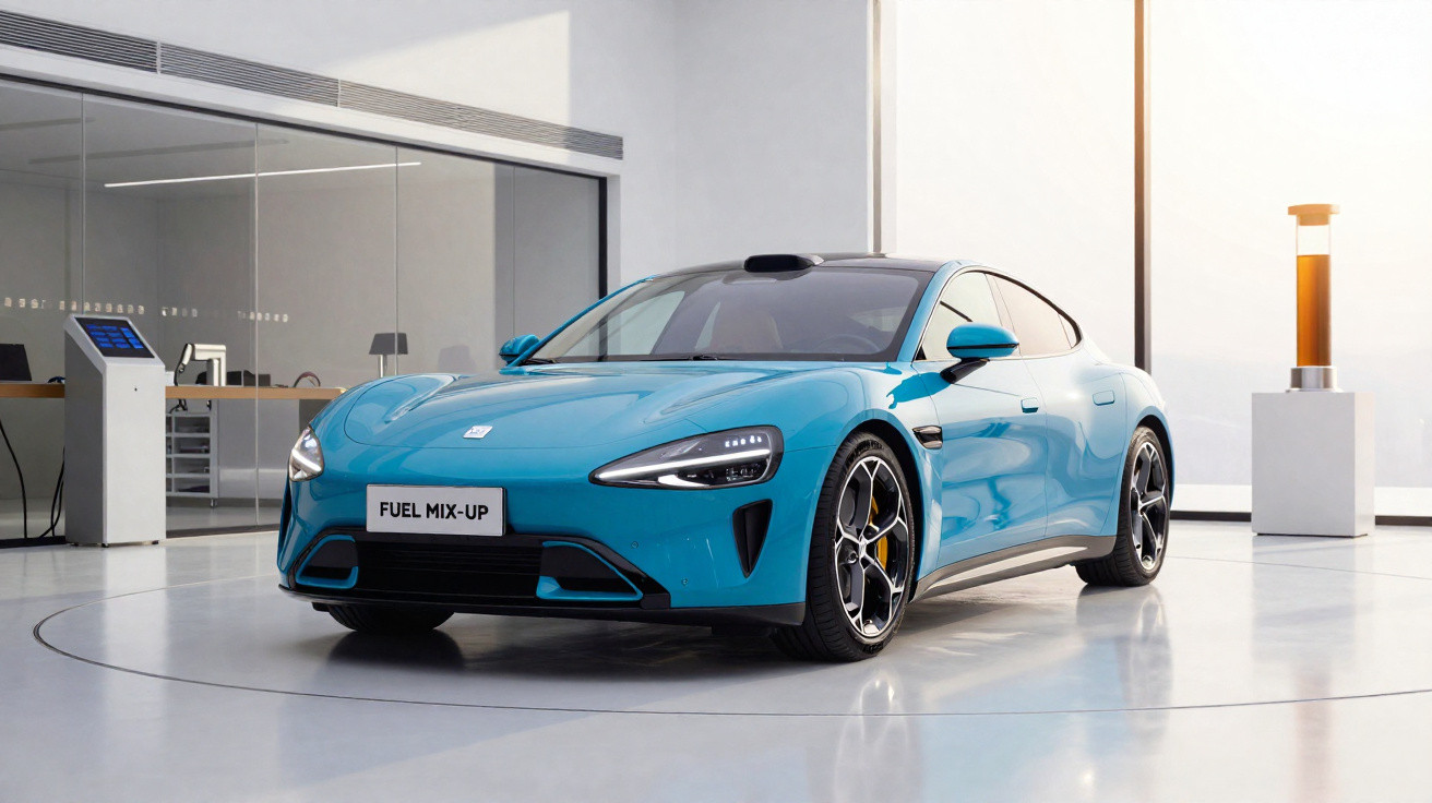 Carro esportivo azul estacionado em ambiente interno moderno com chão branco e paredes claras.