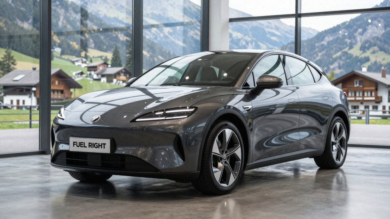 Carro elétrico cinza metálico em showroom com grandes janelas e vista para montanhas e casas.