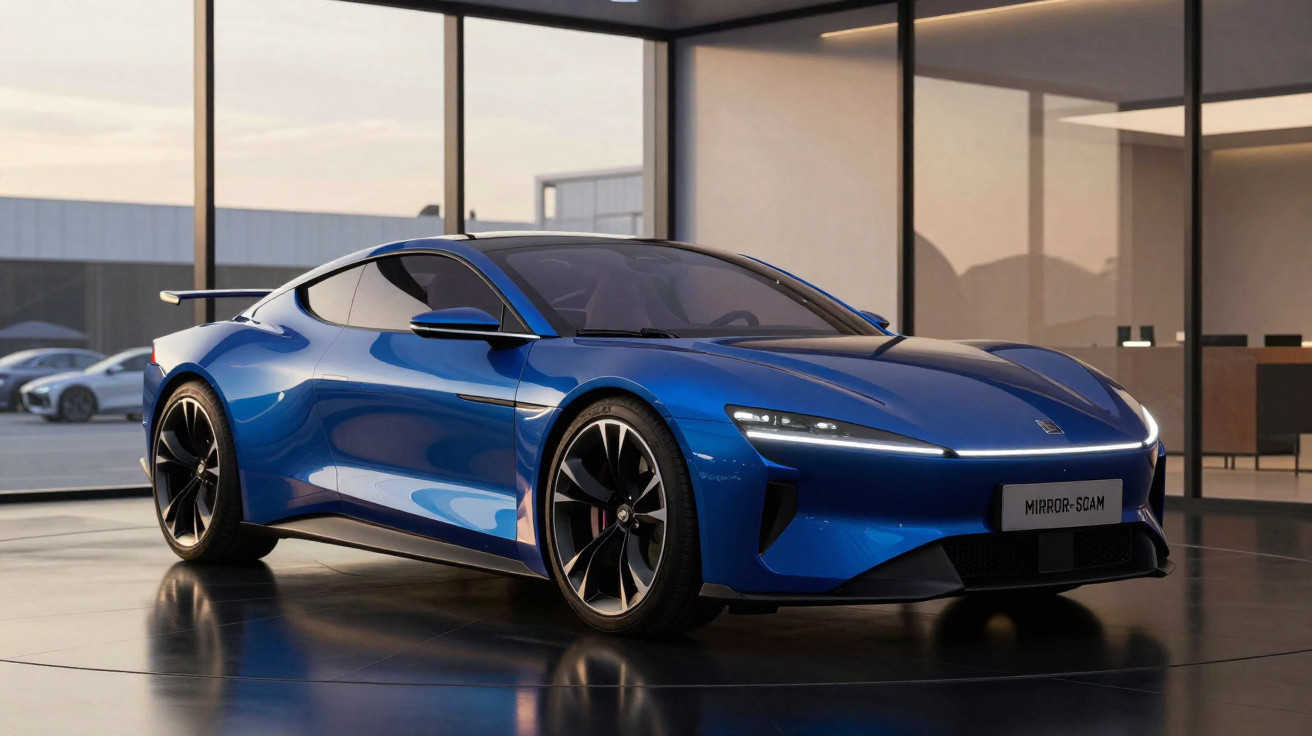 Carro esportivo azul metálico com design moderno em showroom com piso brilhante e janelas amplas.