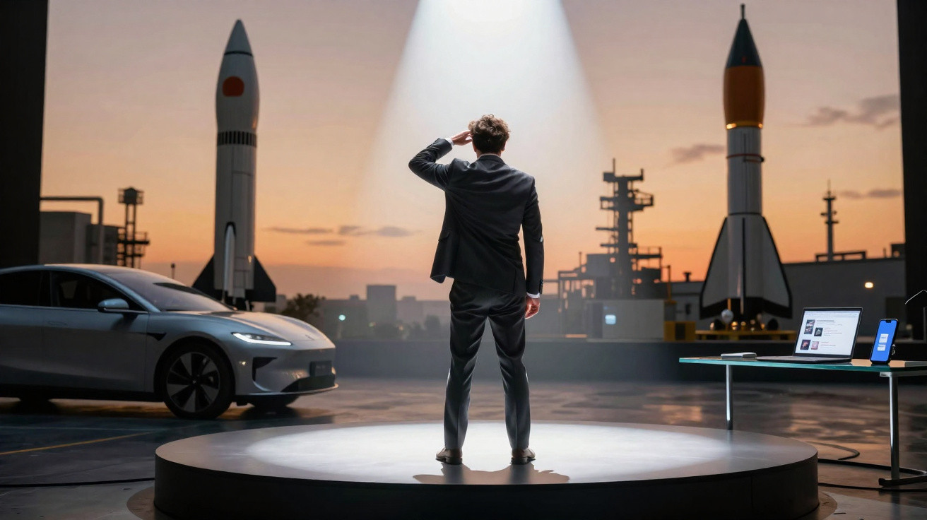 Homem de terno em pedestal iluminado, olhando para dois foguetes e um carro elétrico ao pôr do sol.