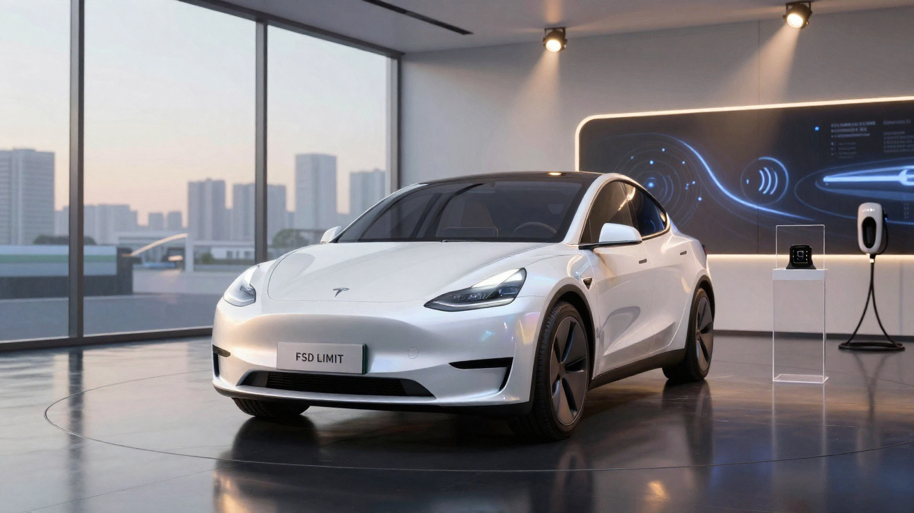 Carro elétrico Tesla branco em exposição dentro de showroom moderno com parede de vidro.