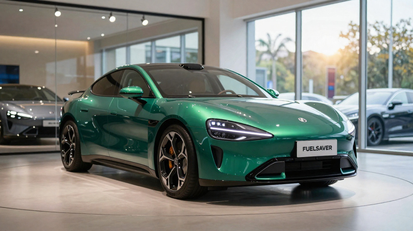 Carro esportivo verde metálico estacionado em showroom moderno com iluminação interna.