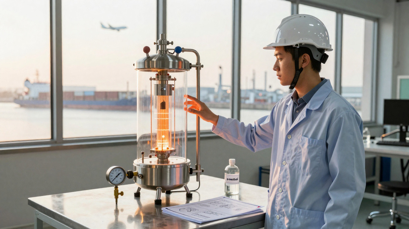 Homem de jaleco e capacete observa equipamento científico em laboratório com vista para porto e avião.
