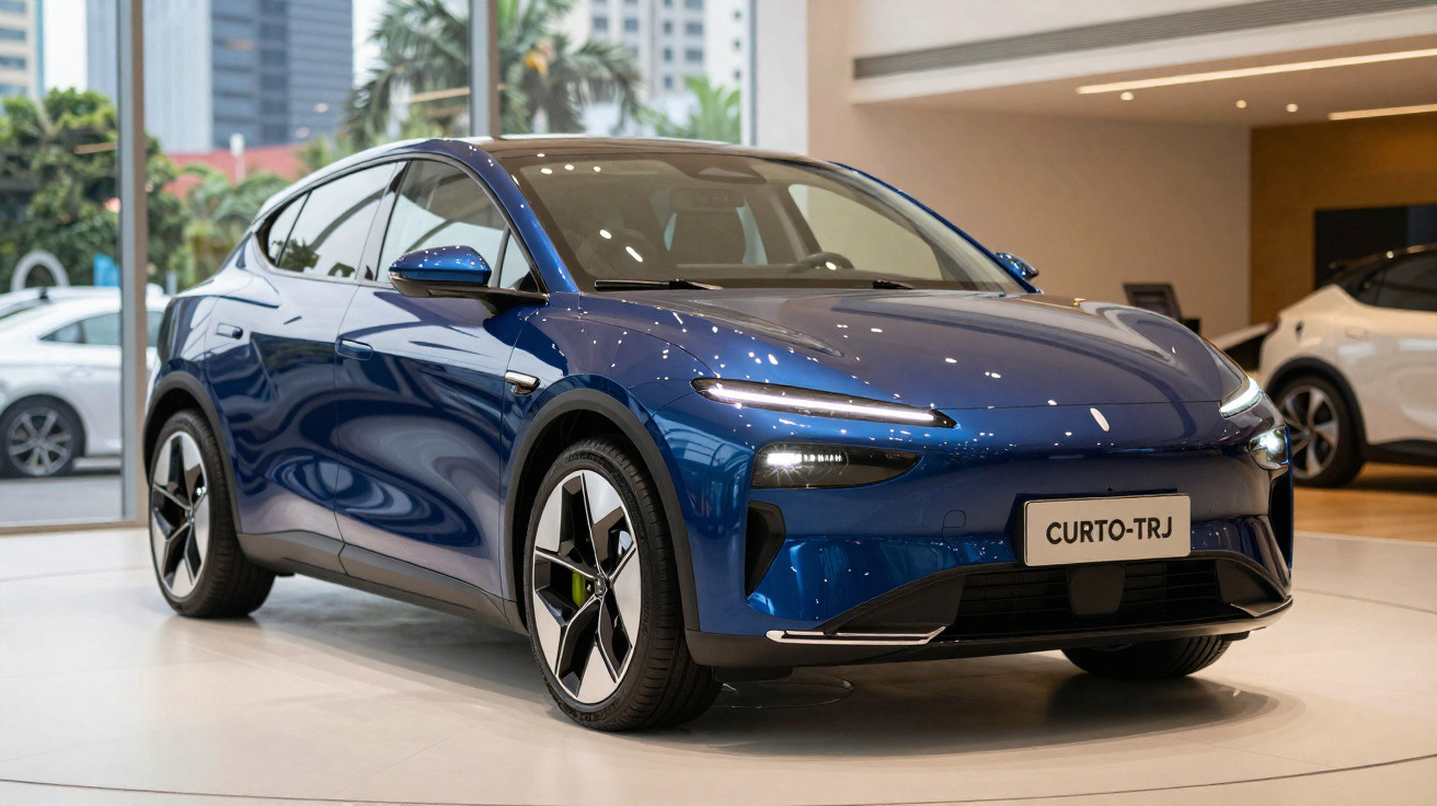 Carro elétrico azul exibido em showroom moderno com luzes refletindo na lataria brilhante.