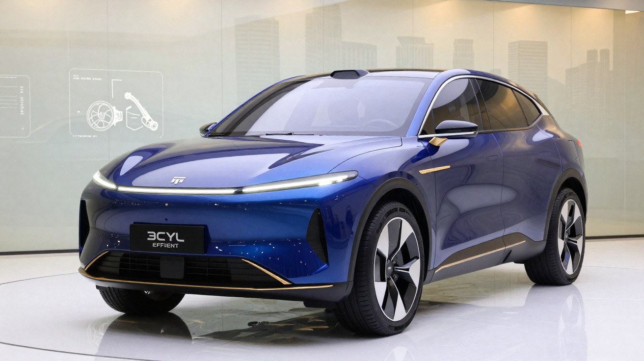 Carro elétrico azul futurista exibido em sala de mostra com design aerodinâmico e rodas grandes.