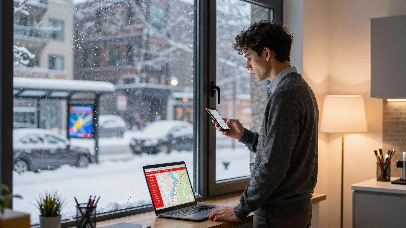 Homem usando celular ao lado de laptop com mapa, olhando para janela com vista de neve na cidade.
