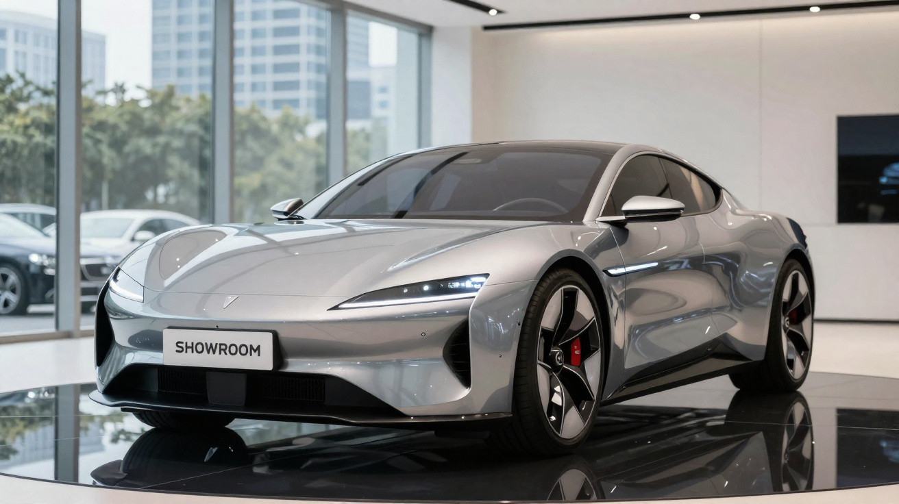 Carro esportivo prata elétrico exposto em showroom moderno com grandes janelas e piso brilhante.