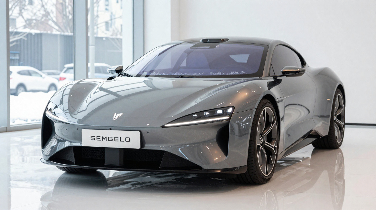 Carro esportivo cinza Semgelo em exposição interna, com design aerodinâmico e faróis LED finos.