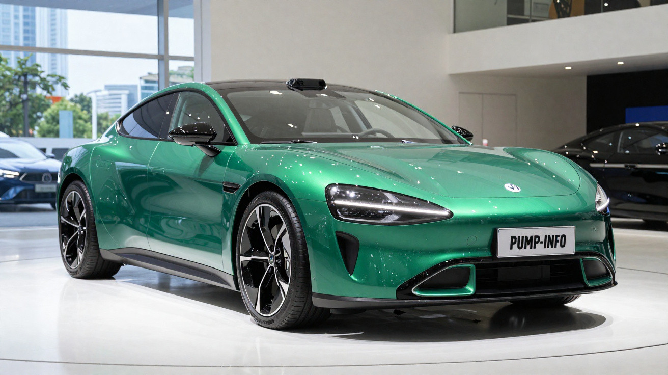 Carro esportivo elétrico verde metálico em exposição em showroom moderno.