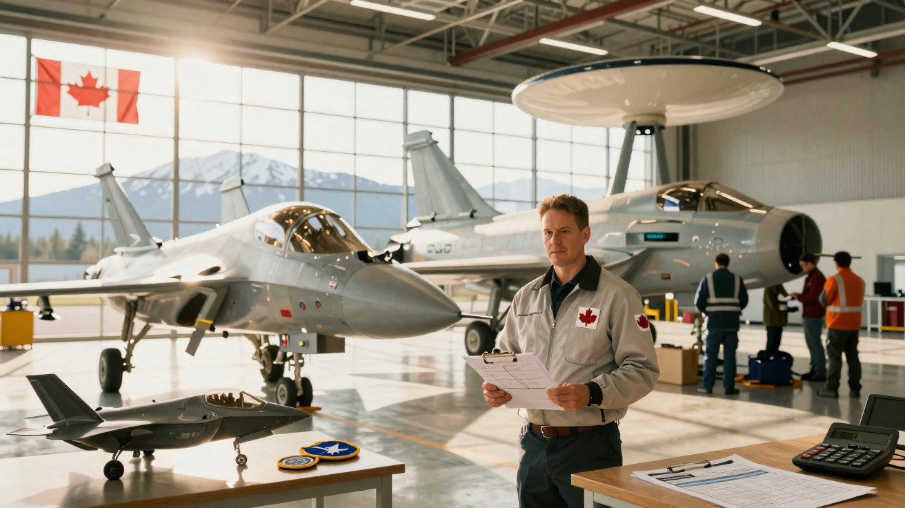 Homem com jaqueta de oficial canadense em hangar com jatos militares e bandeira do Canadá ao fundo.