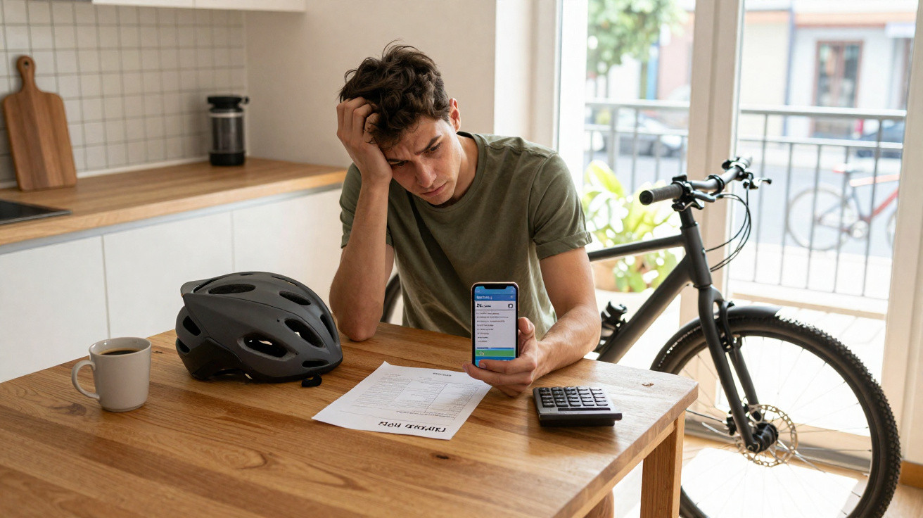 Homem preocupado olhando celular sentado à mesa com documentos, calculadora, capacete e bicicleta ao fundo.