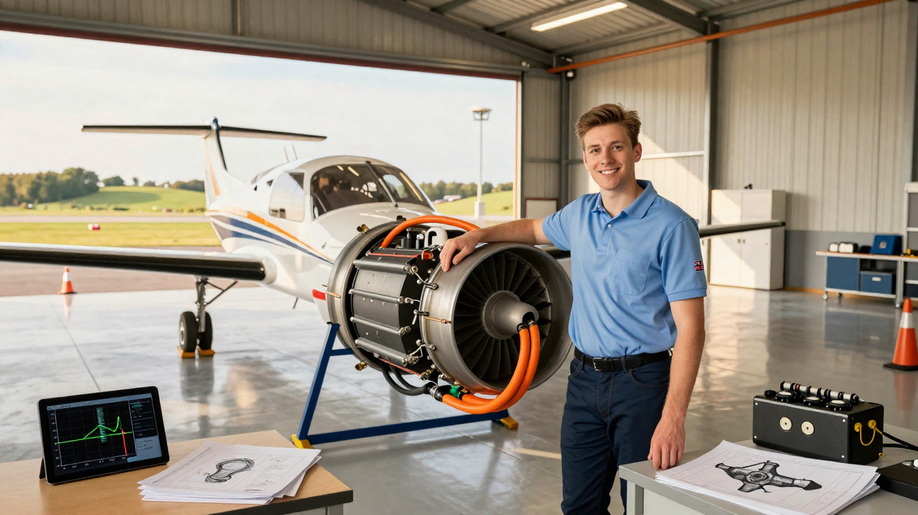 Jovem sorridente em hangar com motor de avião exposto e esquema técnico sobre mesa ao lado de aeronave.
