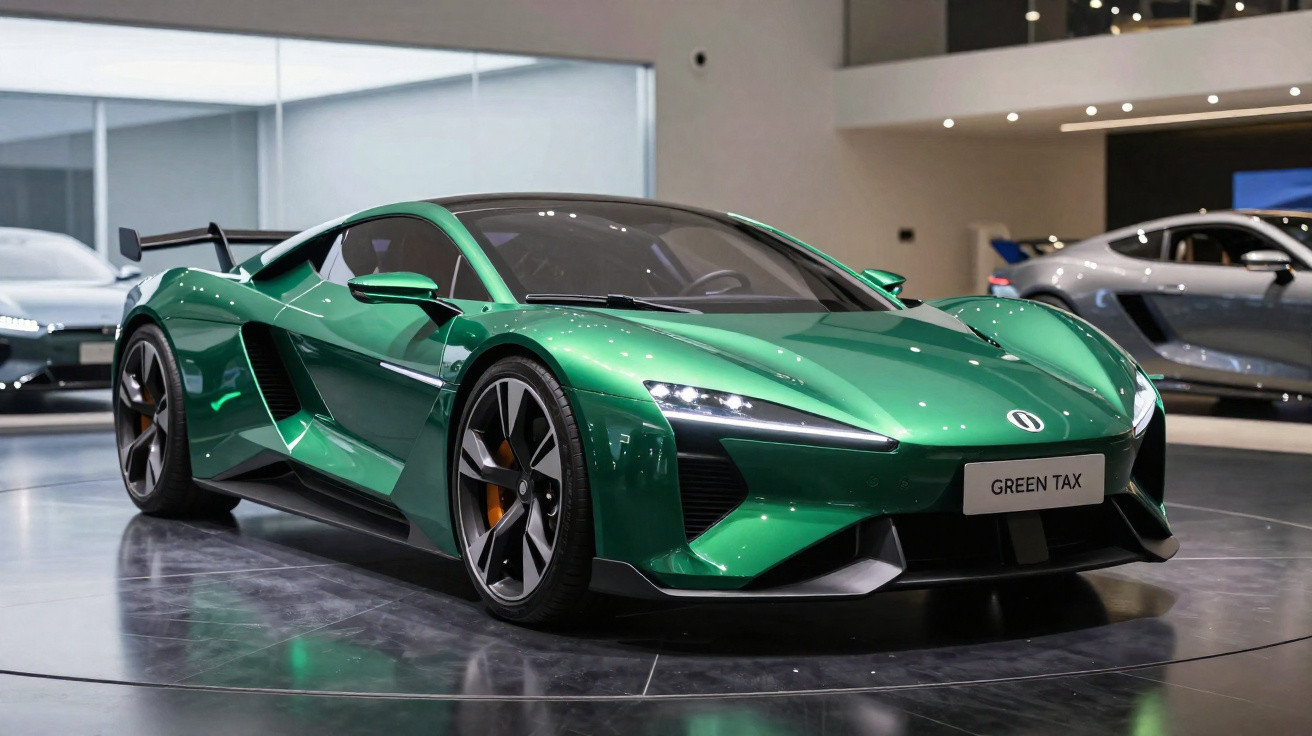Carro esportivo verde metálico com design futurista exposto em salão automotivo moderno.