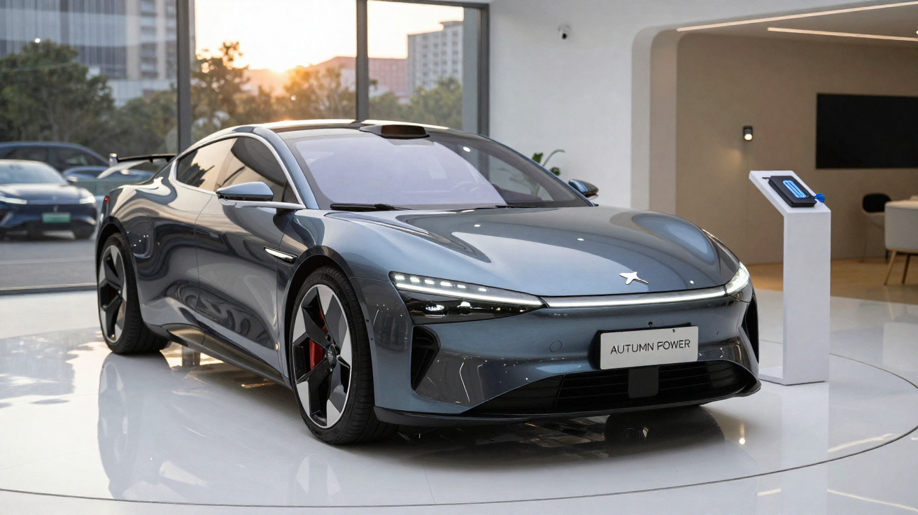 Carro esportivo elétrico cinza exibido em showroom moderno com iluminação natural ao fundo.