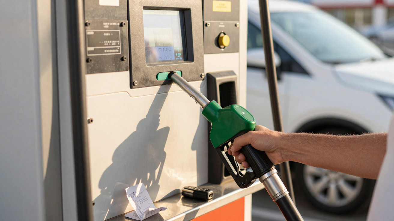 Pessoa segurando bico verde de bomba de combustível para abastecer veículo em posto de gasolina.
