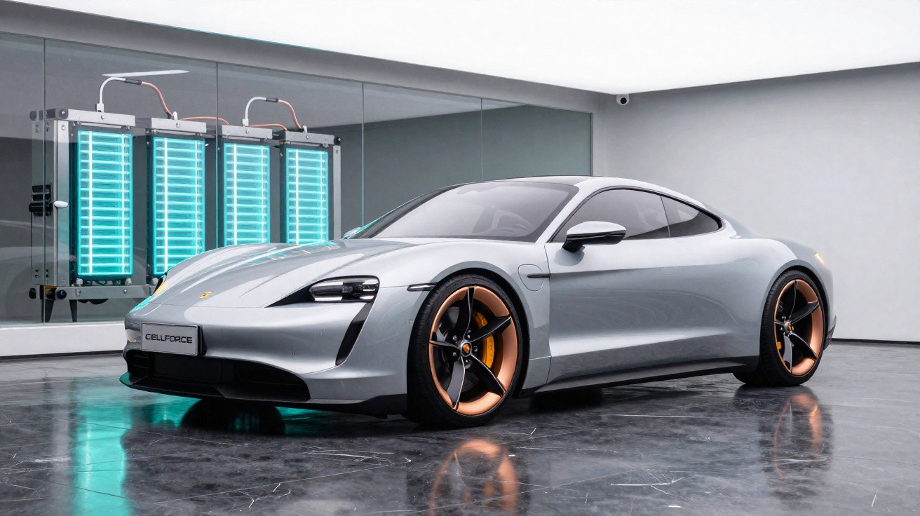 Carro esportivo elétrico prata estacionado em ambiente moderno com luzes azuis ao fundo.