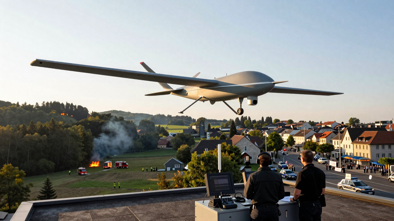 Drone militar voando sobre área rural com incêndio controlado e pessoas observando operação.