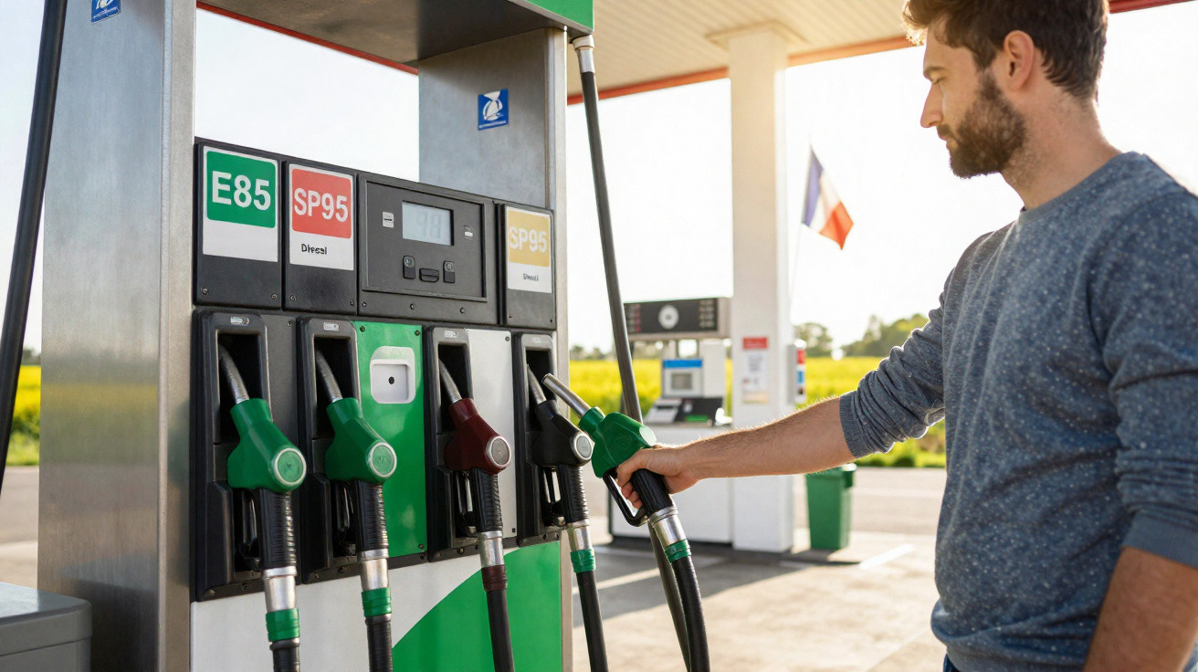 Homem abastecendo veículo com bomba de combustível em posto de gasolina ao ar livre.