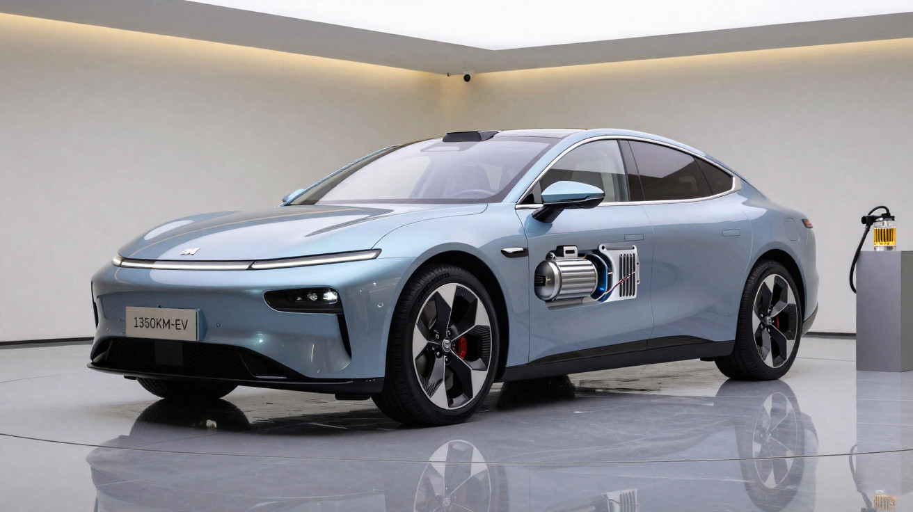 Carro elétrico azul em estúdio, com destaque para motor exposto na lateral e carregador próximo.