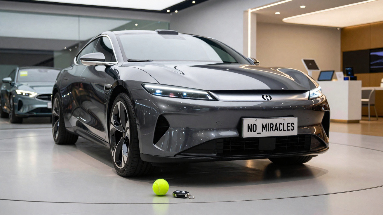 Carro elétrico cinza com design futurista em exposição, com bola de tênis e controle no chão à frente.