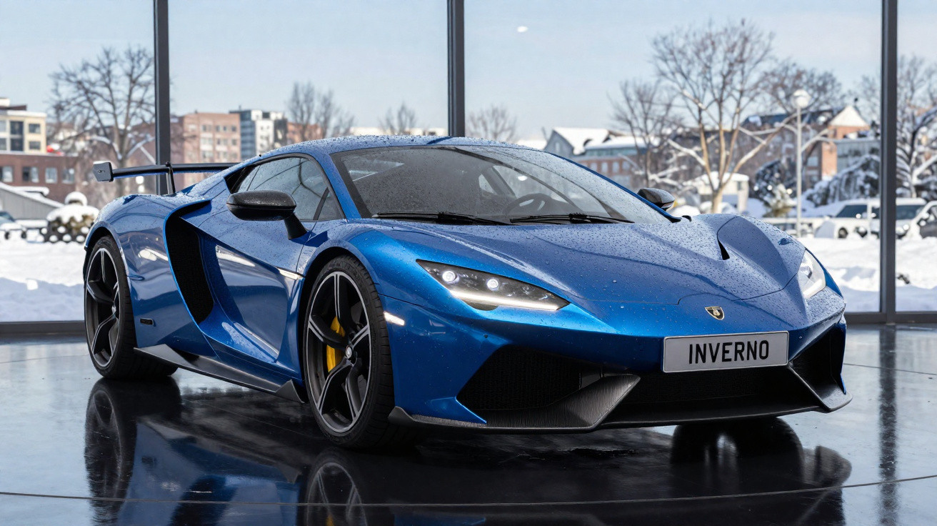 Carro esportivo azul com placa "INVERNO" em ambiente interno com neve vista pela janela.
