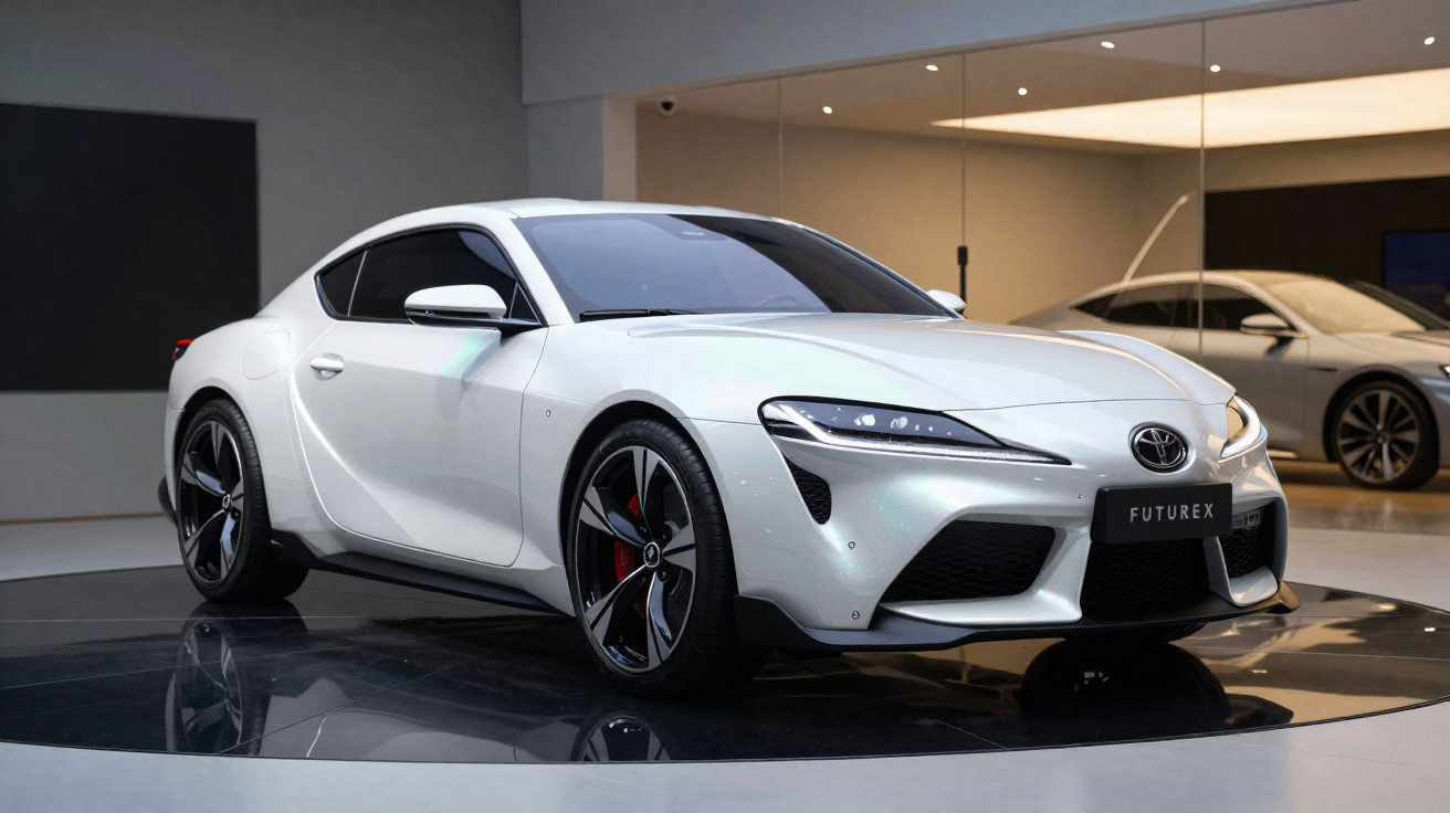 Carro esportivo Toyota branco modelo Futurex exibido em salão com piso refletivo e espelho ao fundo.
