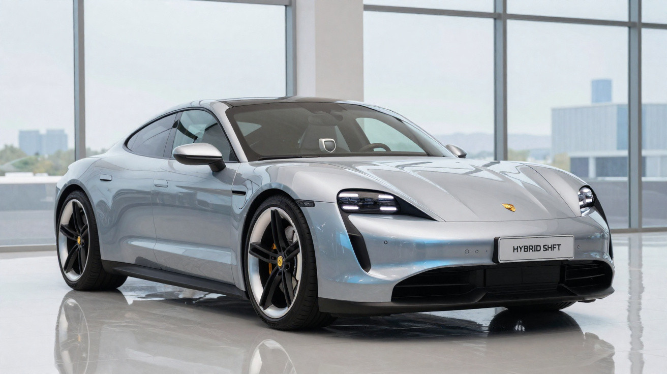 Carro esportivo Porsche Taycan prata estacionado em showroom com grandes janelas de vidro.