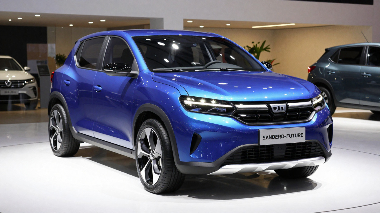 Carro azul Sandero-Future exibido em exposição, com design moderno e rodas esportivas.