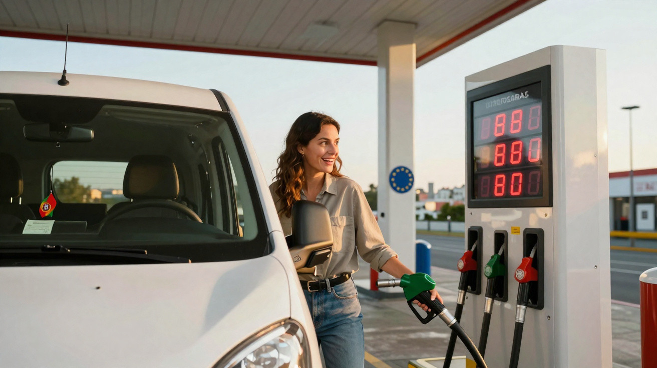 Mulher jovem abastecendo carro branco em posto de gasolina ao entardecer.