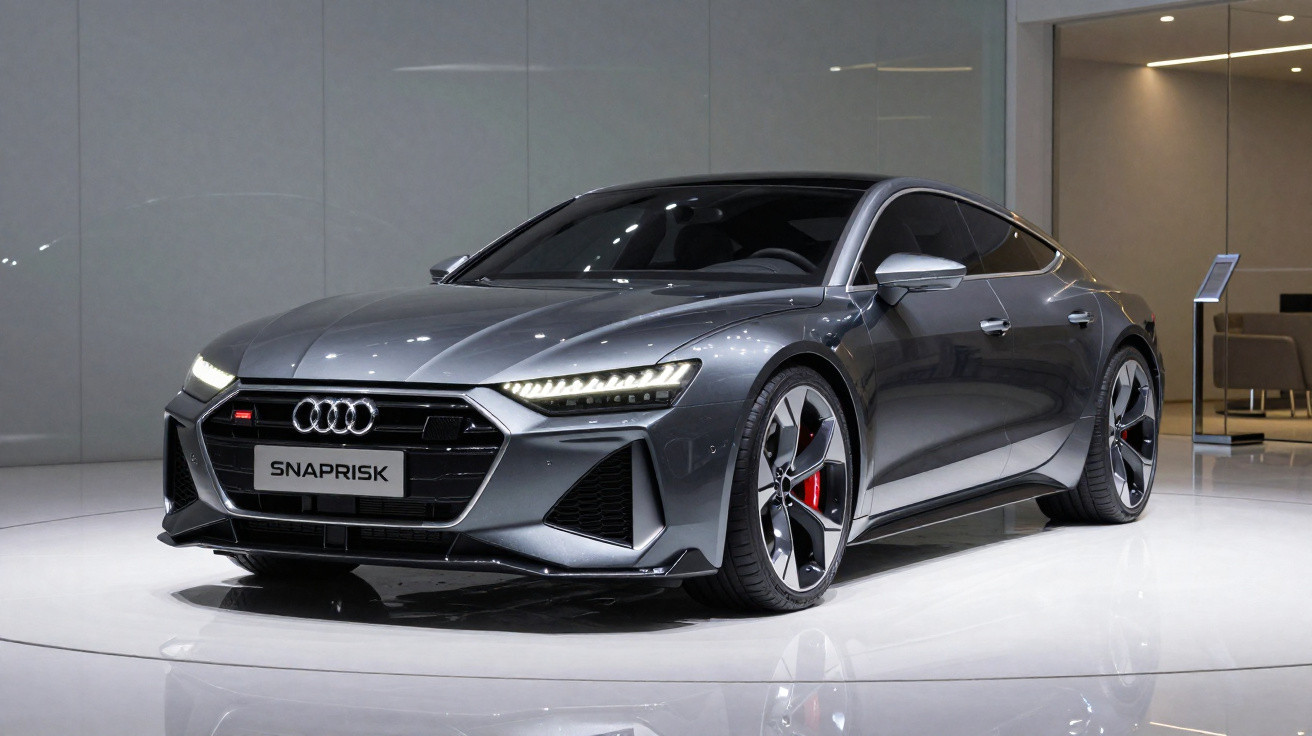 Carro esportivo Audi cinza metálico em exposição com luzes dianteiras acesas e rodas pretas com detalhes vermelhos.