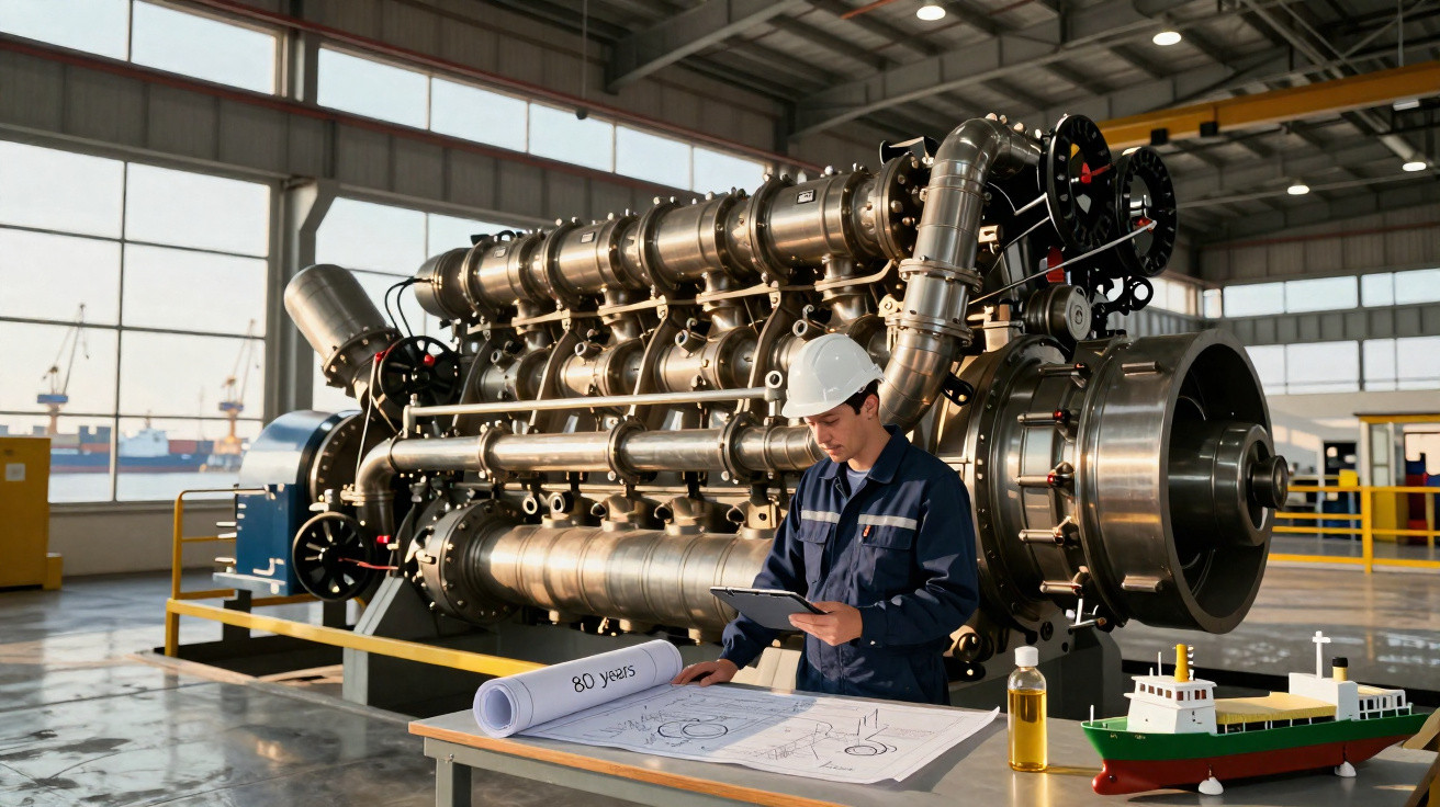 Engenheiro com capacete branco analisa planta ao lado de grande motor industrial em galpão.